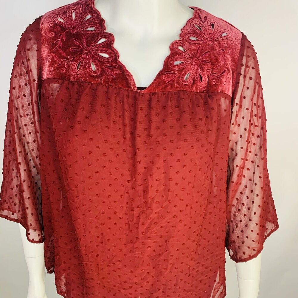 New Style & Co Womans Sz 3X Blouse Lace Sleeve Eyelet Wine Red Sheer NWT - Picture 4 of 9